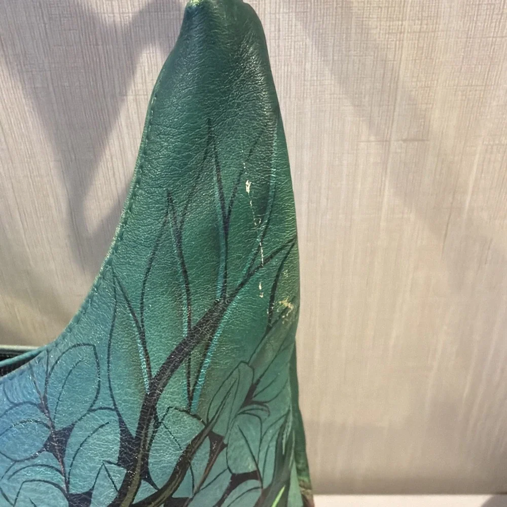 Anuschka Leather Hobo Tropical Bliss‎ Hand Painted Purse Brass Hardware Birds
